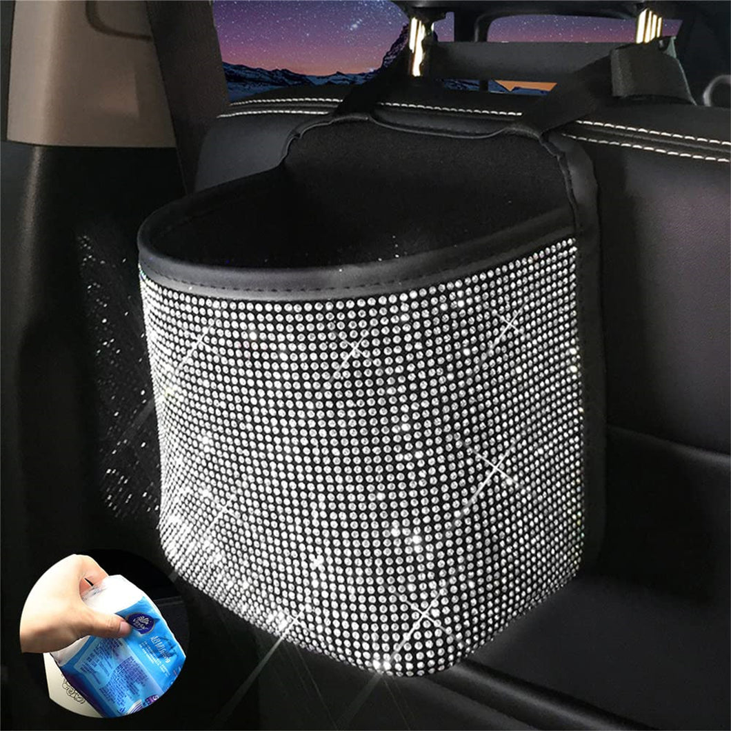 Hanging Car Trash Bag Car Trash Can Wastebasket With Rhinestones Bling Garbage Can Container