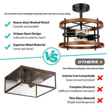 Load image into Gallery viewer, 2-Light Retro Semi Flush Mount Ceiling Light Fixture Rustic Vintage Wood Ceiling Light Industrial Farmhouse Ceiling Lamp for Hallway Entryway Bedroom Balcony Farmhouse Dining Room